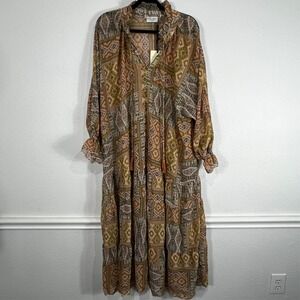 Dress Forum LA Midi Maxi Dress Brown Geometric Long Sleeve Semi Sheer Boho Large